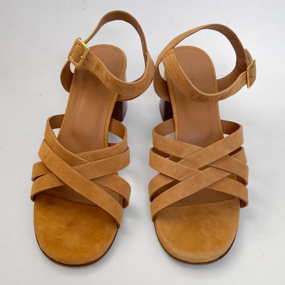 Rivecour Suede Sandals Brown Tan Leather $222 NEW Cross Stack Heel Block Ankle - Picture 8 of 12